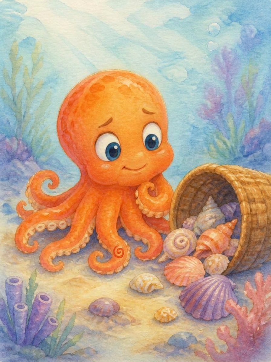 Pastel watercolor illustration of Oakley, one of Olivia's eight little octopuses