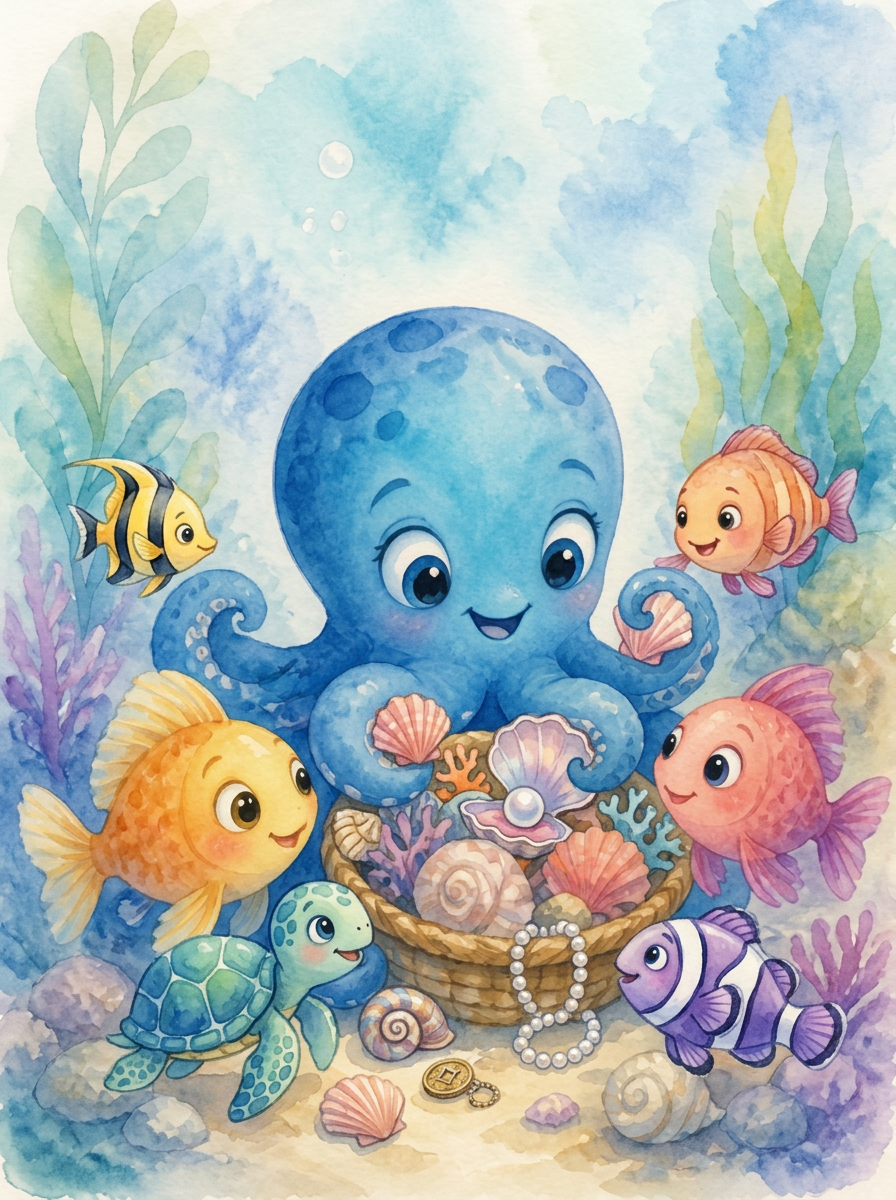 Pastel watercolor illustration of Ocean, one of Olivia's eight little octopuses
