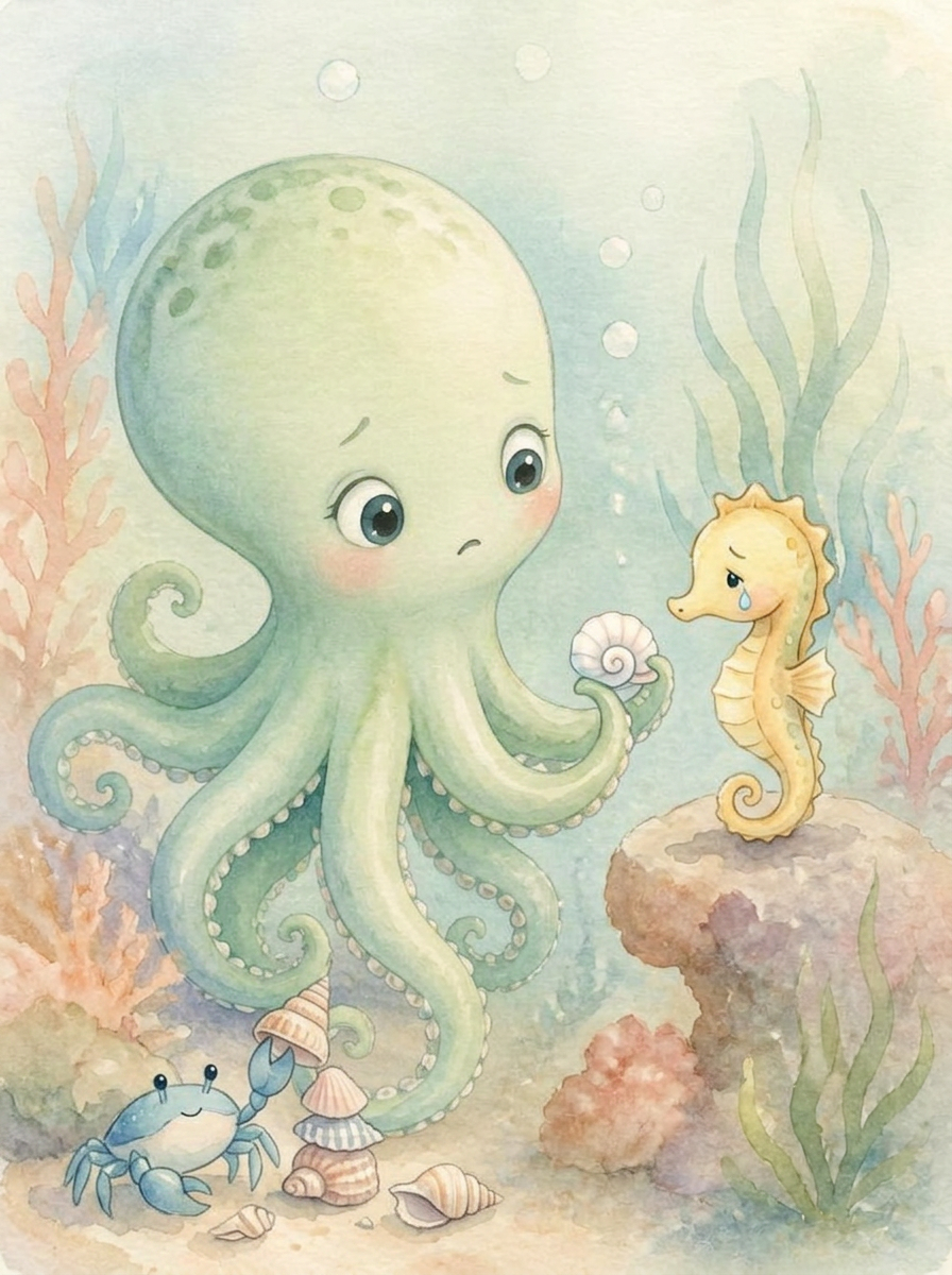 Pastel watercolor illustration of Olive, one of Olivia's eight little octopuses