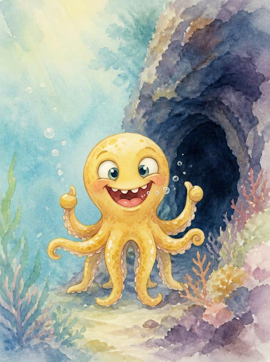 Pastel watercolor illustration of Oscar, one of Olivia's eight little octopuses
